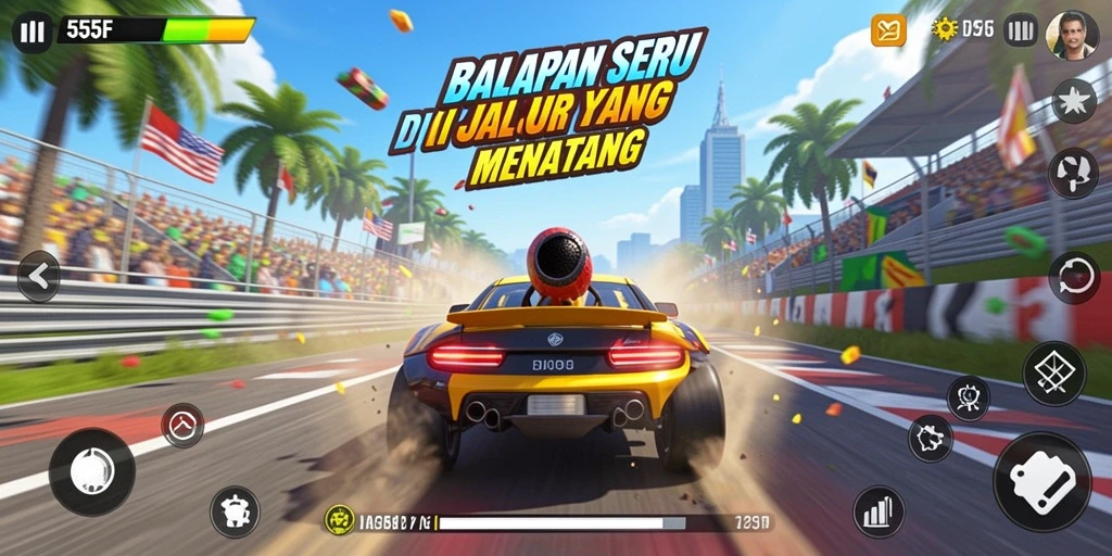 Screenshot gameplay Racing yang menunjukkan aksi balapan menegangkan.