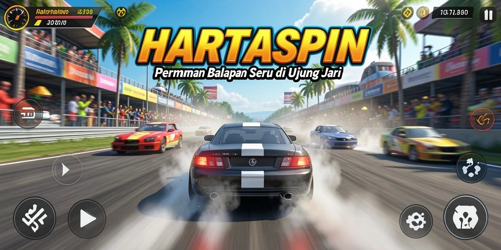 Screenshot HARTASPIN menampilkan aksi balapan yang mendebarkan.