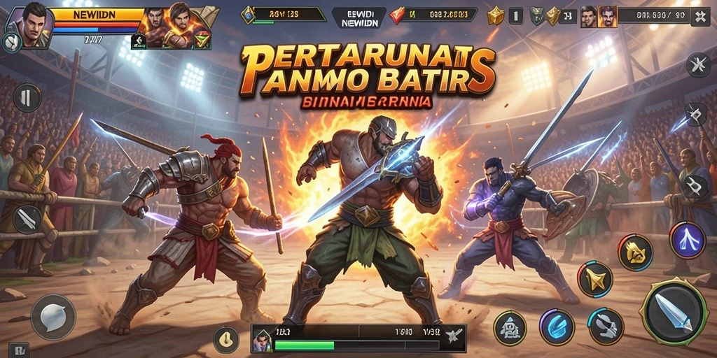 Tampilan gameplay NEWIDN saat karakter bertarung di arena.