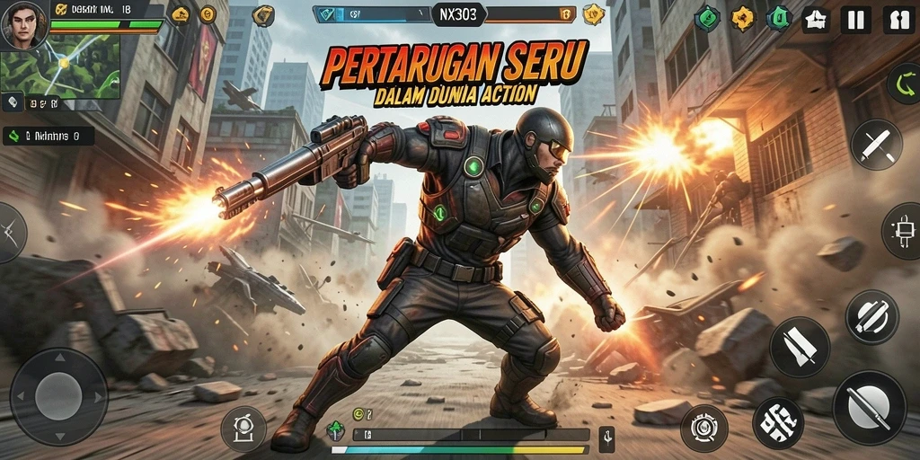 Tampilan menampilkan karakter utama dalam aksi heroik di dunia NX303.